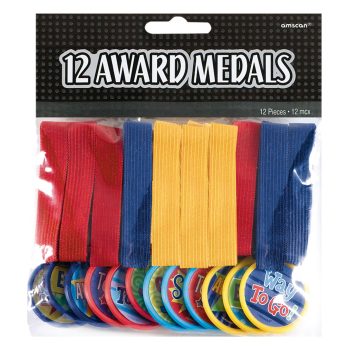 Pack of 12 colorful award medals with red, yellow, and blue ribbons.