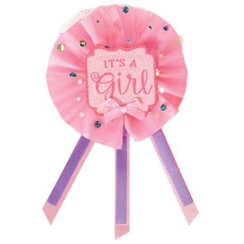 Pink rosette with ribbons announcing a baby girl.