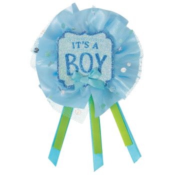 Blue baby shower badge saying 'It's a Boy'.