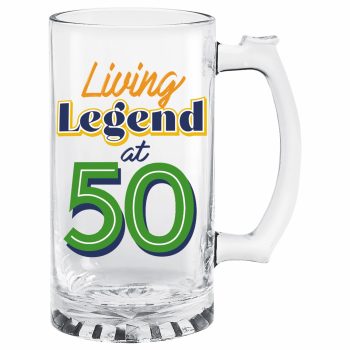 Glass mug with 'Living Legend at 50' text.