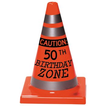Traffic cone with "50th Birthday Zone" text.