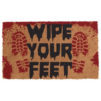 Doormat with 'WIPE YOUR FEET' and boot prints.