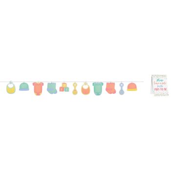 Illustration of various baby clothes and bottles hanging on a line with a note saying 'Baby Shower'.