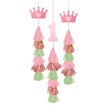 Pink and green tassel garland with crowns and number one for birthday decoration.