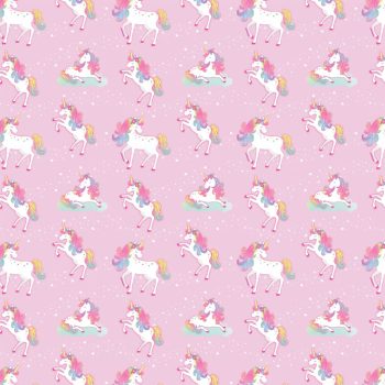 Pattern of unicorns on pink background.