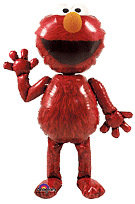 A red fuzzy puppet with an open mouth waving.
