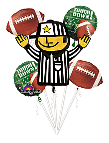 Football-themed balloons with a referee figure.