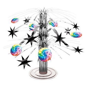 Abstract sculpture with black stars and colorful spheres on a metallic base.