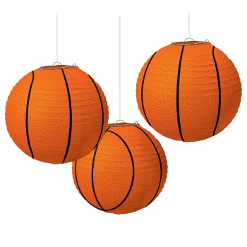 Three orange paper lanterns resembling basketballs.