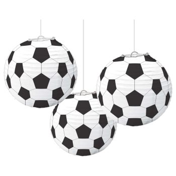 Three hanging ornaments designed like classic black and white soccer balls.
