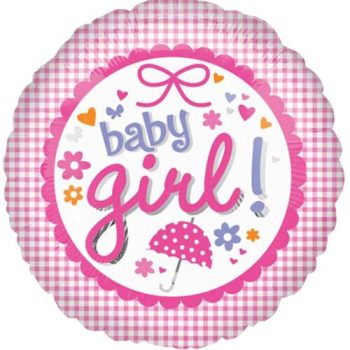 Pink baby girl balloon with cute decorative elements.