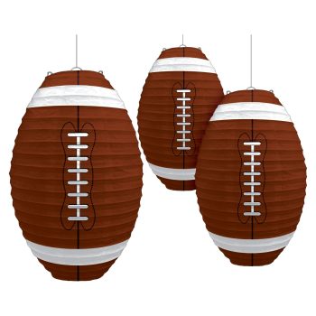 Three brown football-shaped paper lanterns with white laces.