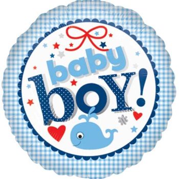 A cute circular badge with 'baby boy!' text and a whale graphic.