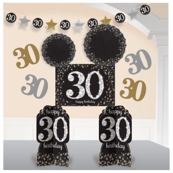 30th birthday decorations in black and gold.