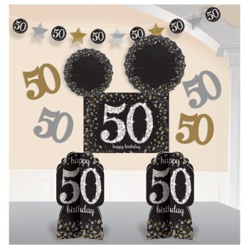50th birthday party decorations in black and gold.