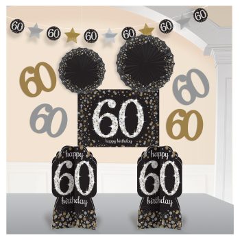 60th birthday decorations with black and gold.