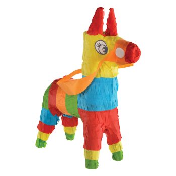 Colorful donkey-shaped piñata with vibrant stripes.