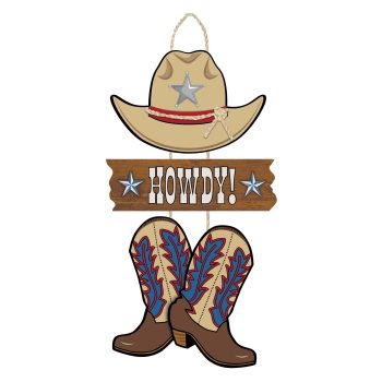 Western cowboy hat, 'Howdy!' sign, and boots illustration.