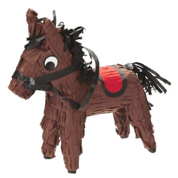 Brown piñata shaped like a horse with a red saddle.