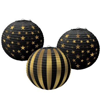 Three black paper lanterns with gold stars and stripes.
