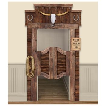 Rustic wooden saloon doors with Western decor and a rope.