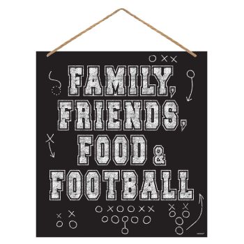 Chalkboard-style sign with family, friends, food, and football theme.