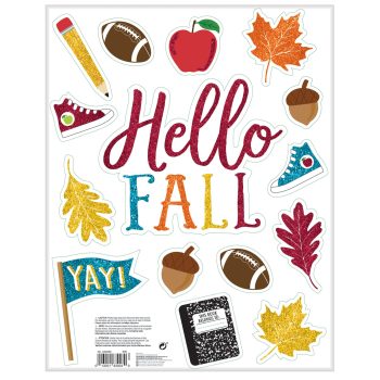Colorful "Hello Fall" poster with autumn leaves and sports items.
