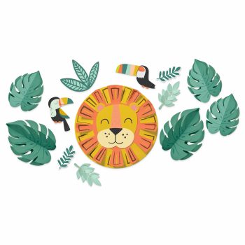 Cartoon lion with toucans and leaves.