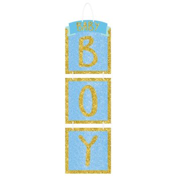 Blue and gold glittery 'BOY' hanging decoration.