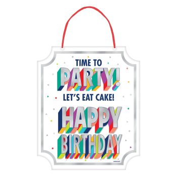 Birthday sign with colorful festive text.