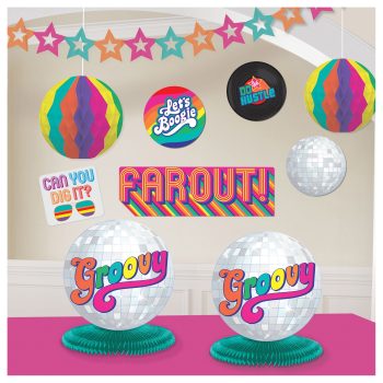 Colorful party decorations with a 'Far Out!' groovy 70s theme.