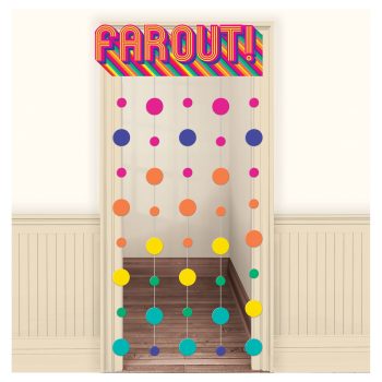 Colorful hanging bead curtain with the word 'FAROUT!' at the top.