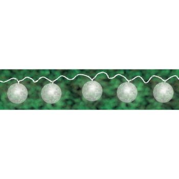 A string of glowing round fairy lights on a green leafy background.