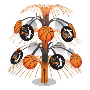 Basketball-themed centerpiece with hanging basketballs and photo frames.