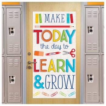 A colorful motivational poster on a school locker encouraging learning and growth.