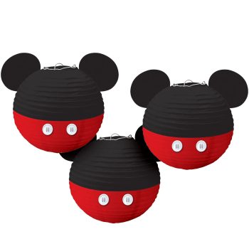Three Mickey Mouse-themed paper lanterns.
