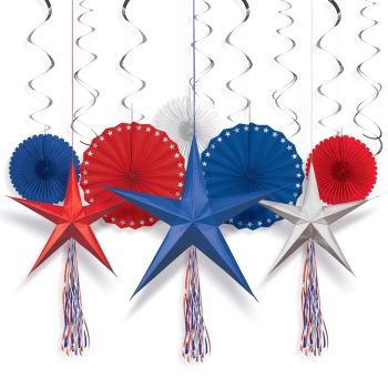 Red, white, and blue star and fan decorations for a celebration.
