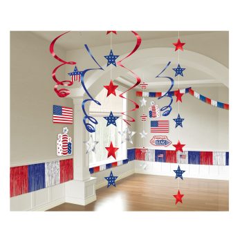 Room decorated with red, white, and blue stars and flags.