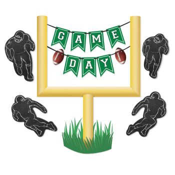 Football goalpost with "Game Day" banner and four black football gloves.