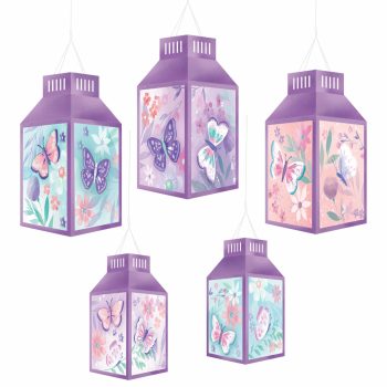 Purple lanterns with butterfly designs hanging.