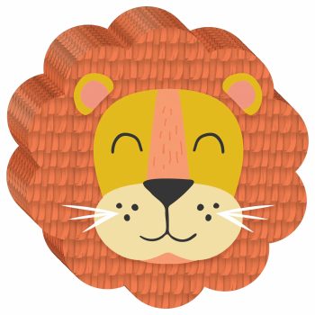 Smiling cartoon lion face with mane.