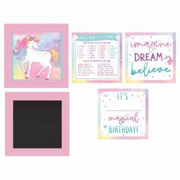 Unicorn-themed birthday cards and decorations.