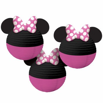 Pink and black Minnie Mouse paper lanterns.