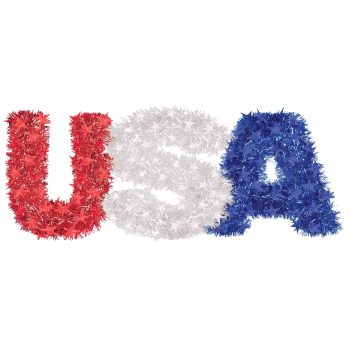 Red, white, and blue flowers arranged to spell 'USA'.
