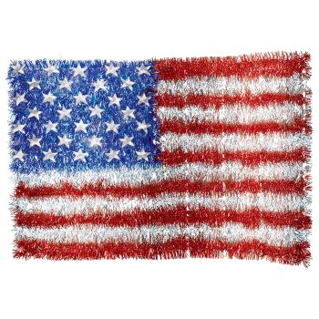 American flag made of red, white, and blue tinsel.
