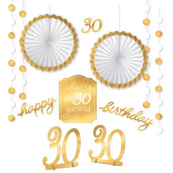 Golden 30th birthday decorations and banners.