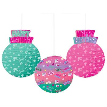 Colorful Barbie-themed birthday hanging decorations.
