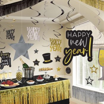 New Years Giant Room Decorating Kit - Black, Silver, Gold, 28ct