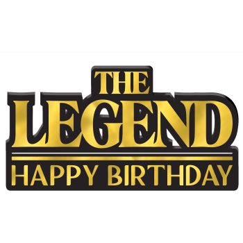 Gold "The Legend Happy Birthday" text sign.