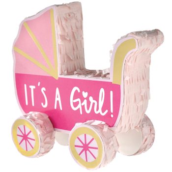 Pink baby carriage decoration with 'It's a Girl!' text.